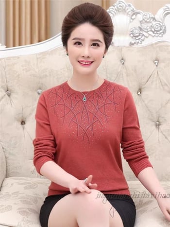 Женски плетен пуловер с бродерия, кръгло деколте, дълги ръкави, средна дължина, смес Mercerized cotton и триацетат, 50-70% от всеки компонент, 3D ефект бродерия, китайски стил