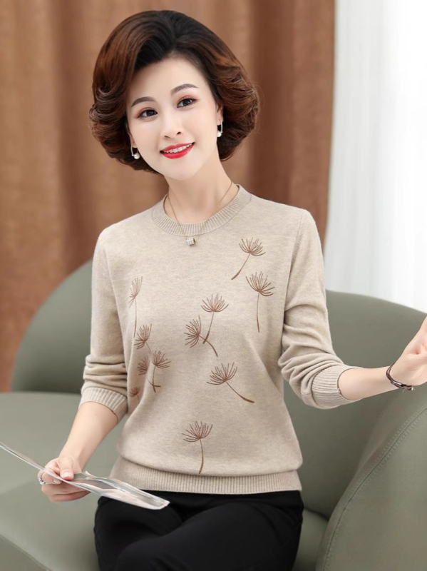 Женски плетен пуловер с бродерия, кръгло деколте, дълги ръкави, средна дължина, смес Mercerized cotton и триацетат, 50-70% от всеки компонент, 3D ефект бродерия, китайски стил