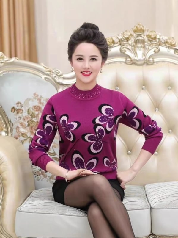 Женски плетен пуловер с бродерия, кръгло деколте, дълги ръкави, средна дължина, смес Mercerized cotton и триацетат, 50-70% от всеки компонент, 3D ефект бродерия, китайски стил