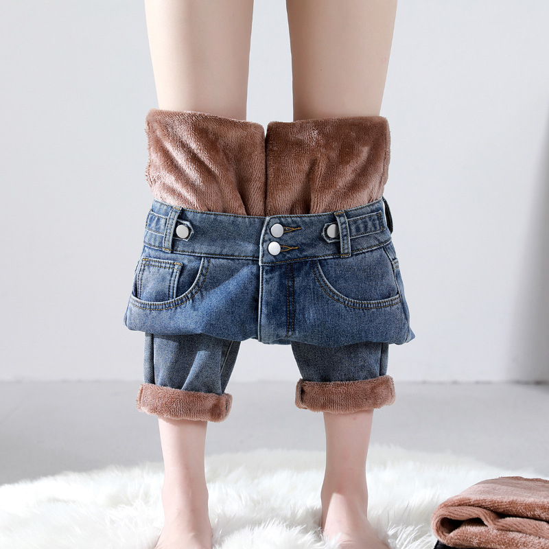 Γυναικείοι τζίν με επένδυση φλίς, ελεύθερη ίσια γραμμή, υψηλή μέση, για τον χειμώνα 2023