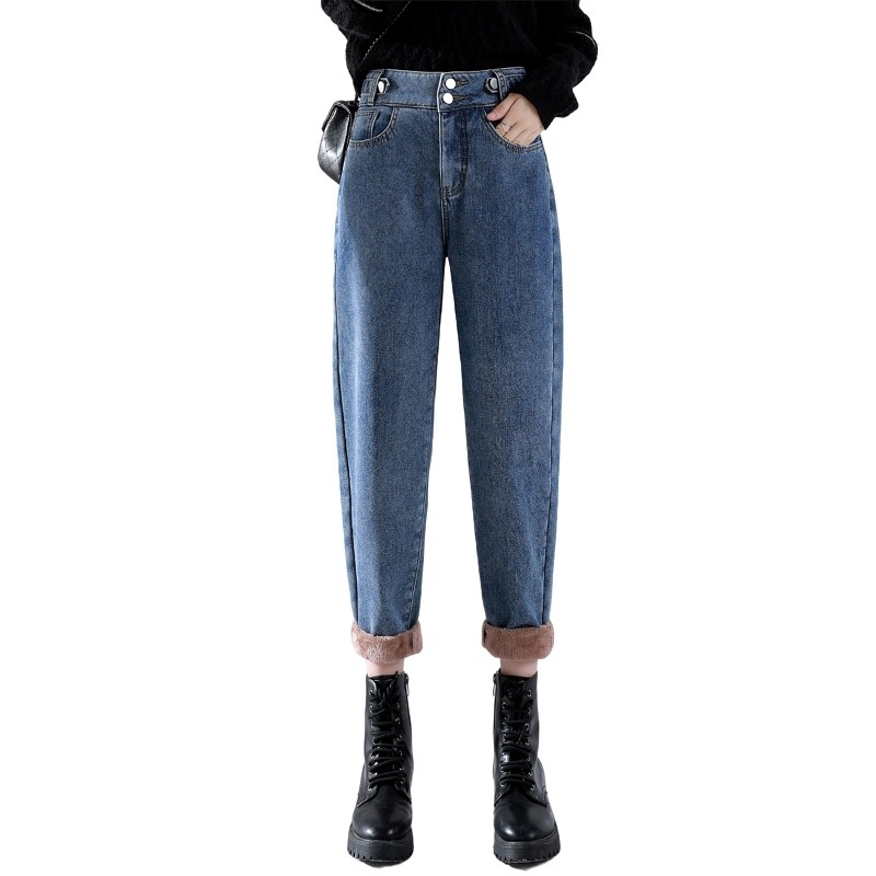 Γυναικείοι τζίν με επένδυση φλίς, ελεύθερη ίσια γραμμή, υψηλή μέση, για τον χειμώνα 2023