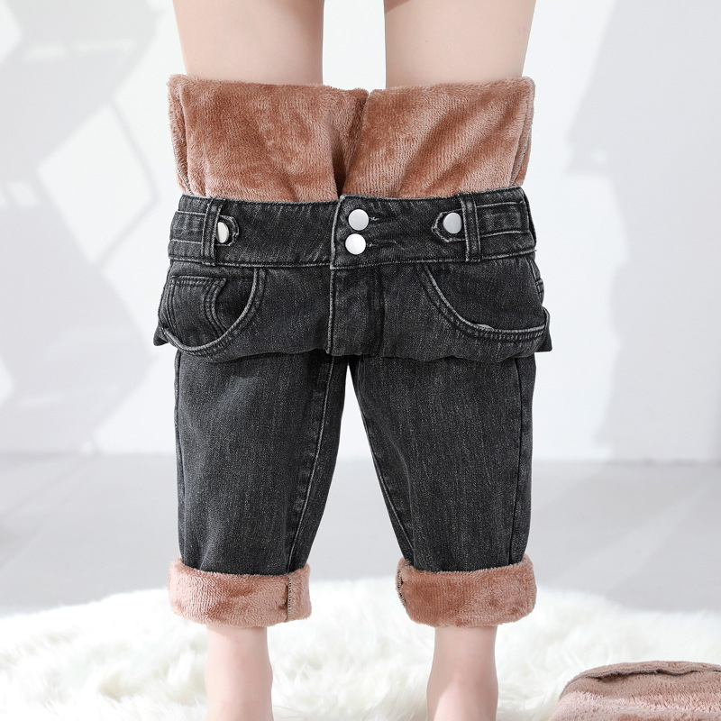 Γυναικείοι τζίν με επένδυση φλίς, ελεύθερη ίσια γραμμή, υψηλή μέση, για τον χειμώνα 2023