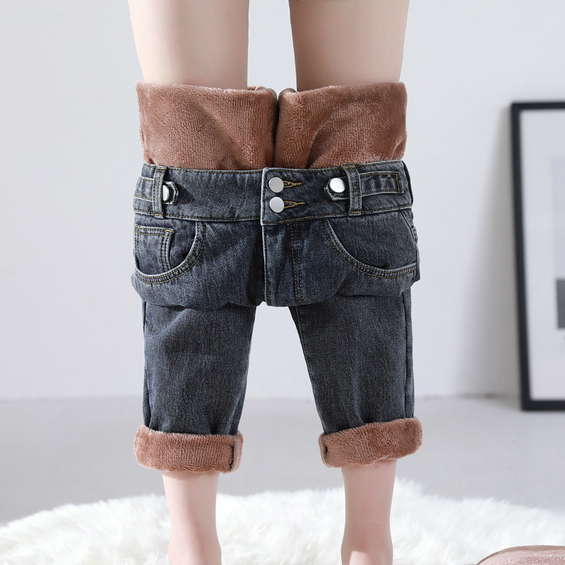 Γυναικείοι τζίν με επένδυση φλίς, ελεύθερη ίσια γραμμή, υψηλή μέση, για τον χειμώνα 2023