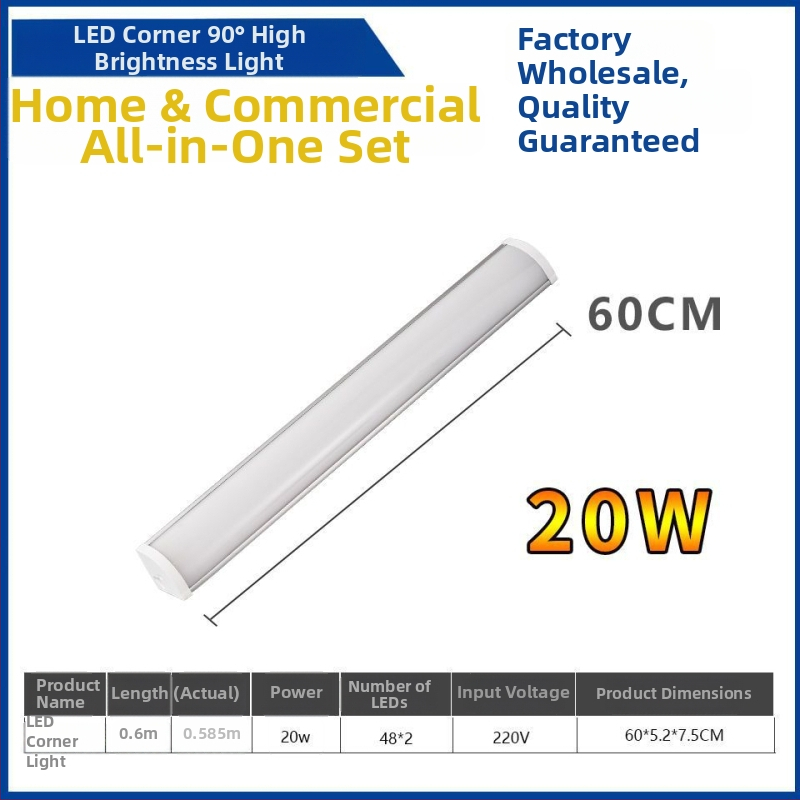 LED rohové nástenné svetlo s skrytou LED páskou, dlhé rohové osvetlenie, T8 denná LED trubica s držiakom, 40–50W, IP55, CRI 90–100, hliníková zliatina, FCC
