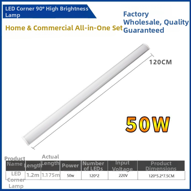 LED rohové nástenné svetlo s skrytou LED páskou, dlhé rohové osvetlenie, T8 denná LED trubica s držiakom, 40–50W, IP55, CRI 90–100, hliníková zliatina, FCC