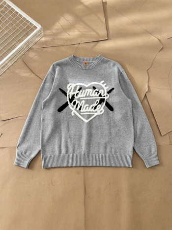 Pulover jacquard din bumbac cu motiv inimă — croială largă, stil vintage retro