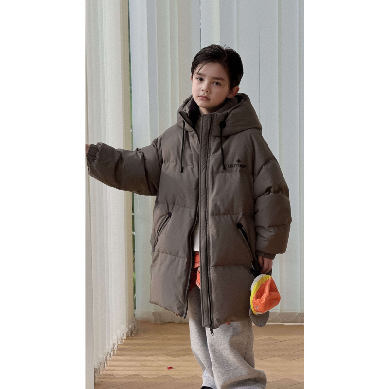 Gyerekeknek készült hosszú kapucnis tollas dzseki fehér kacsa tollal 86–90% töltet, poliészter külső és bélés, uniszex (8 év felett / 140 cm felett)