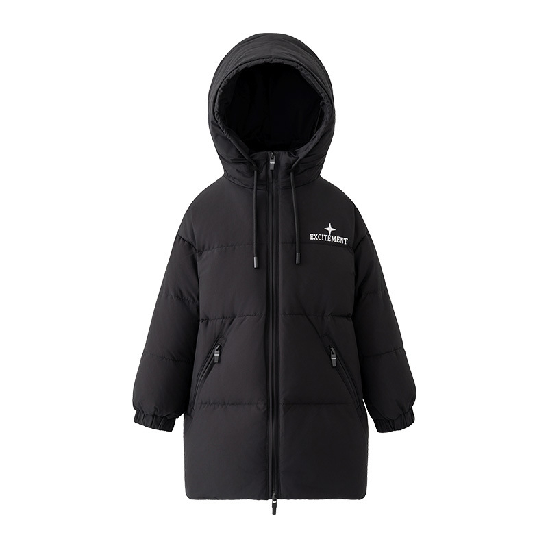 Gyerekeknek készült hosszú kapucnis tollas dzseki fehér kacsa tollal 86–90% töltet, poliészter külső és bélés, uniszex (8 év felett / 140 cm felett)