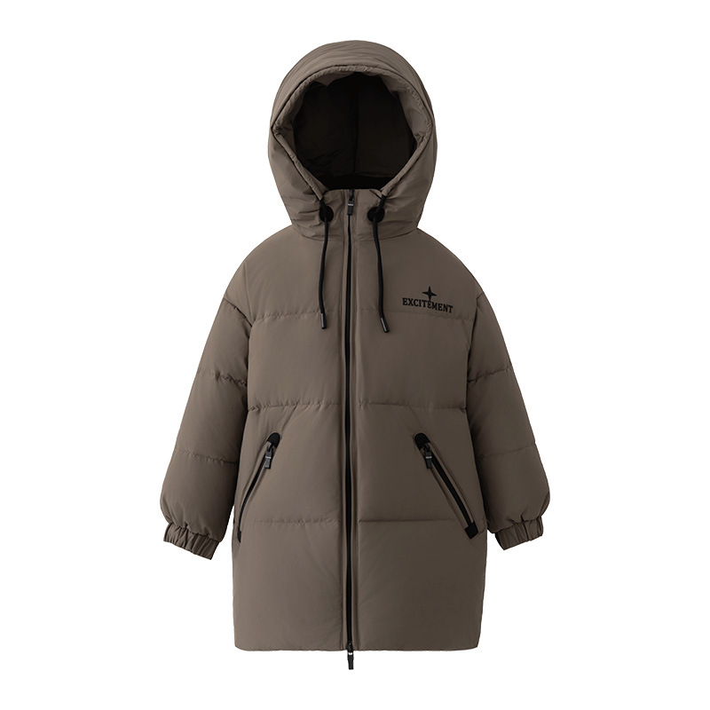 Gyerekeknek készült hosszú kapucnis tollas dzseki fehér kacsa tollal 86–90% töltet, poliészter külső és bélés, uniszex (8 év felett / 140 cm felett)