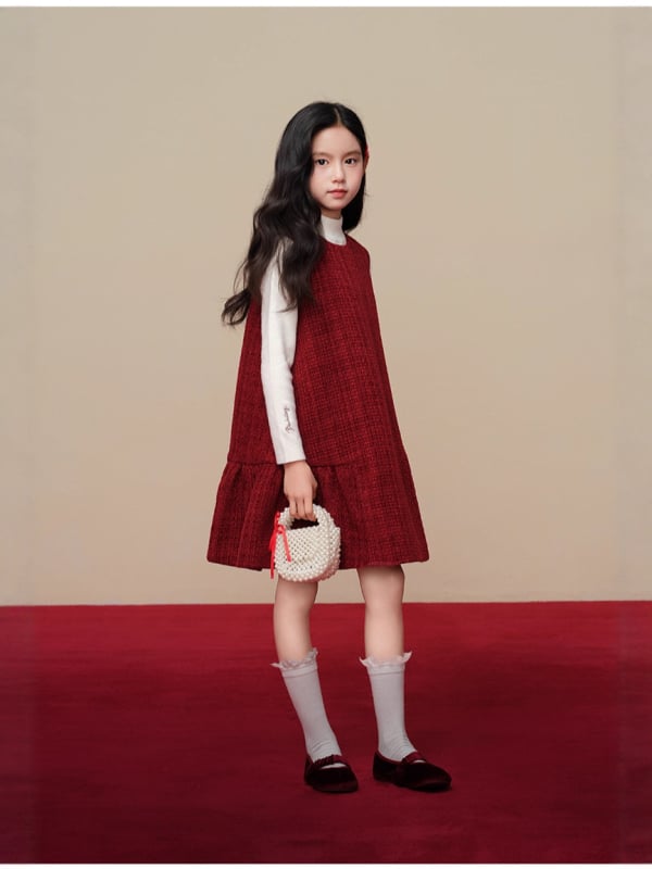 Lányok téli 2025 A-vonalú ujjatlan ruha pántokkal – hercegnő stílus, poliészter-pamut keverék