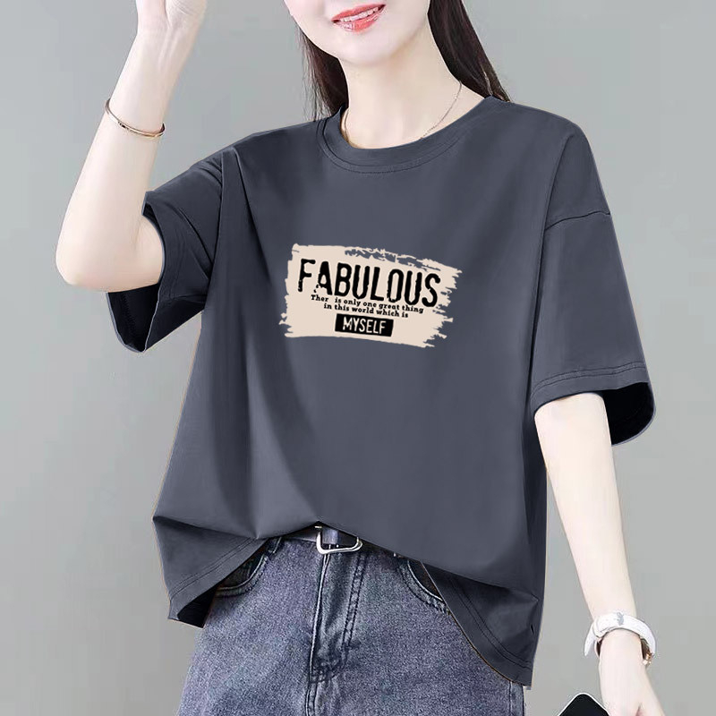 Ženski pamučni kratkih rukava T-shirt s tekstnim printom, okrugli izrez, obična dužina 50–65 cm, ljeto 2025