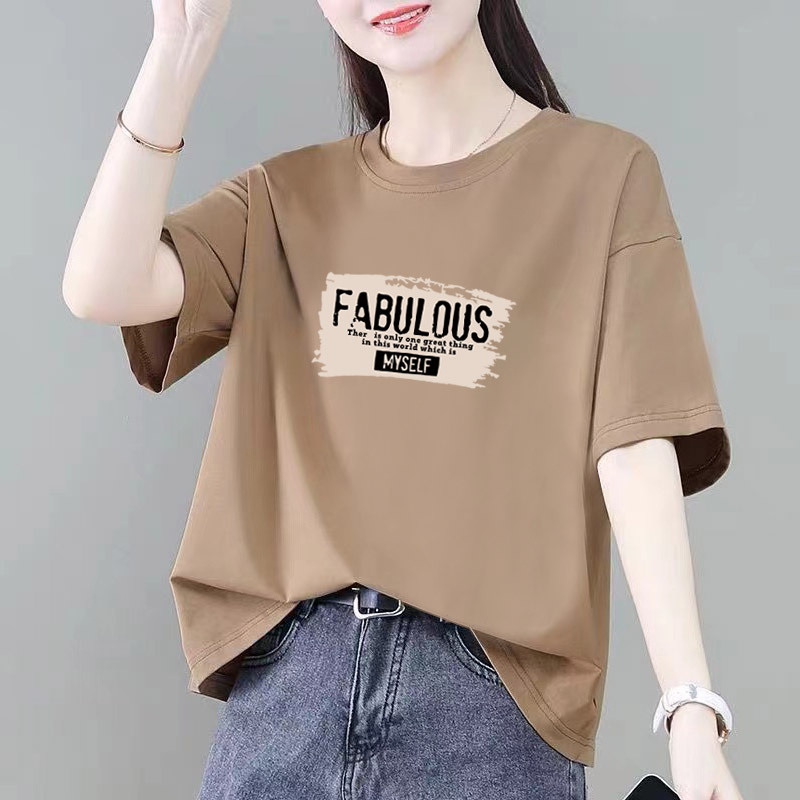 Ženski pamučni kratkih rukava T-shirt s tekstnim printom, okrugli izrez, obična dužina 50–65 cm, ljeto 2025
