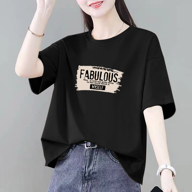 Ženski pamučni kratkih rukava T-shirt s tekstnim printom, okrugli izrez, obična dužina 50–65 cm, ljeto 2025