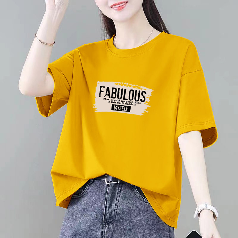 Ženski pamučni kratkih rukava T-shirt s tekstnim printom, okrugli izrez, obična dužina 50–65 cm, ljeto 2025