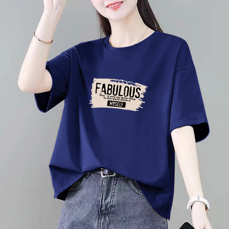 Ženski pamučni kratkih rukava T-shirt s tekstnim printom, okrugli izrez, obična dužina 50–65 cm, ljeto 2025