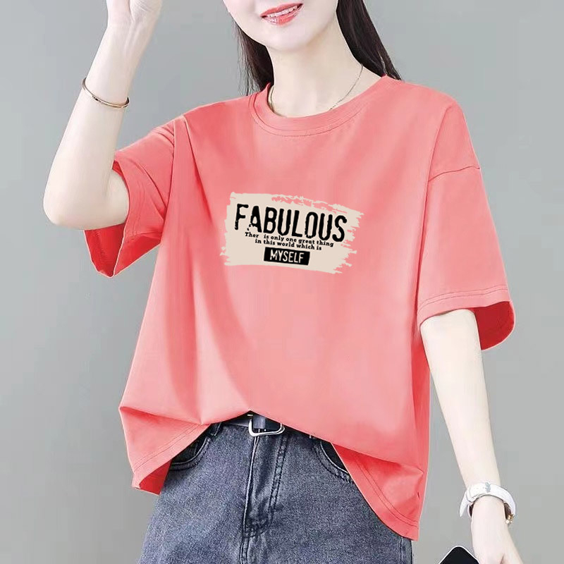 Ženski pamučni kratkih rukava T-shirt s tekstnim printom, okrugli izrez, obična dužina 50–65 cm, ljeto 2025