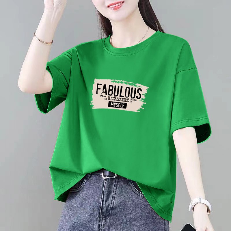 Ženski pamučni kratkih rukava T-shirt s tekstnim printom, okrugli izrez, obična dužina 50–65 cm, ljeto 2025
