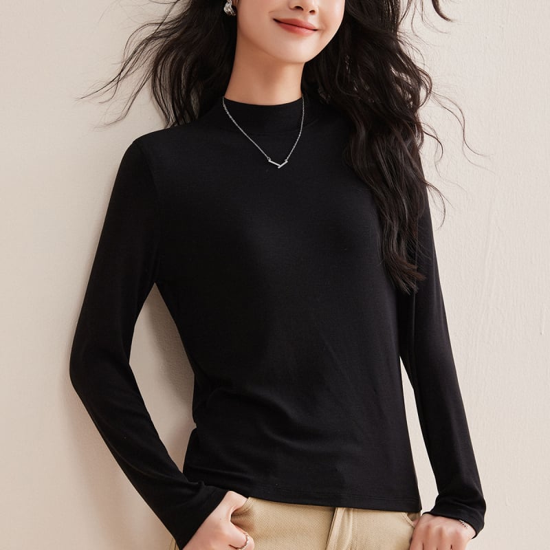 Hosszú ujjú póló gyapjú‑keverékből Lyocell 70–80%, egyszínű, közepes gallér