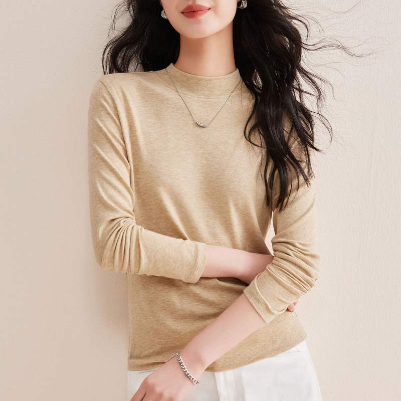 Hosszú ujjú póló gyapjú‑keverékből Lyocell 70–80%, egyszínű, közepes gallér