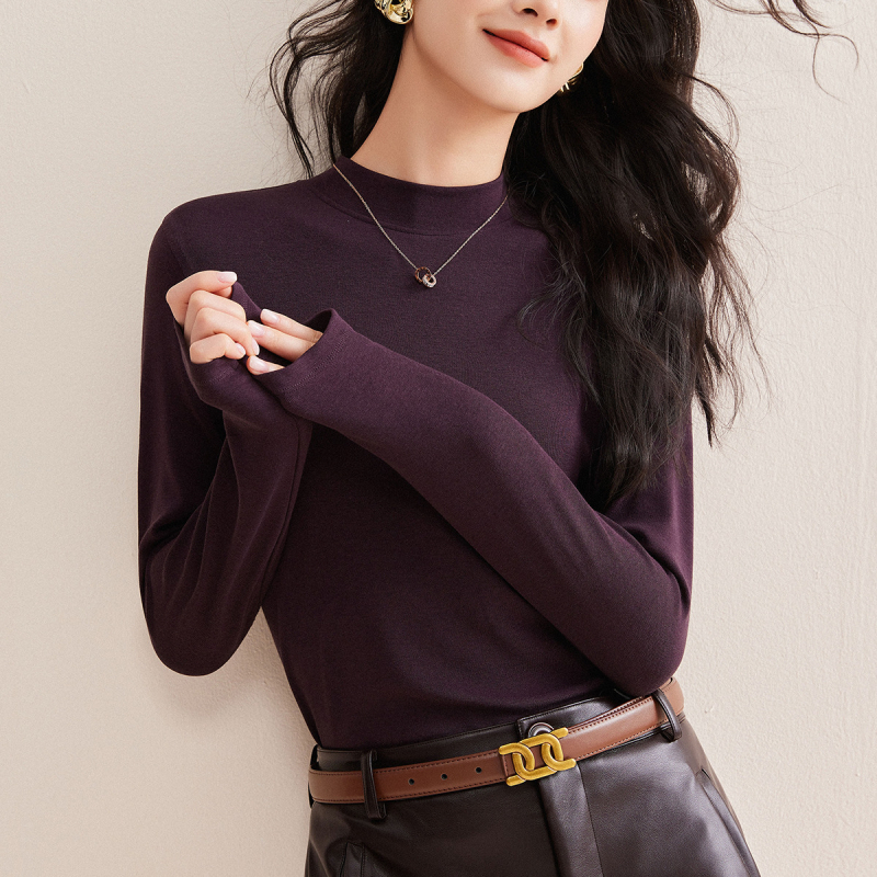 Hosszú ujjú póló gyapjú‑keverékből Lyocell 70–80%, egyszínű, közepes gallér