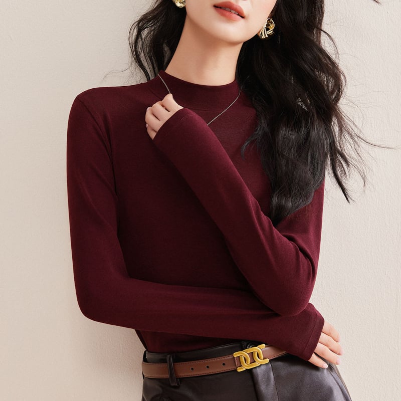 Hosszú ujjú póló gyapjú‑keverékből Lyocell 70–80%, egyszínű, közepes gallér