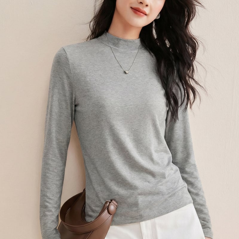 Hosszú ujjú póló gyapjú‑keverékből Lyocell 70–80%, egyszínű, közepes gallér