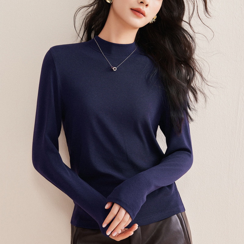 Hosszú ujjú póló gyapjú‑keverékből Lyocell 70–80%, egyszínű, közepes gallér