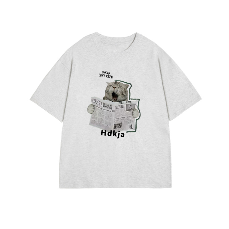 Női pamut rövid ujjú felső szöveges mintával, laza szabású, kerek nyakú