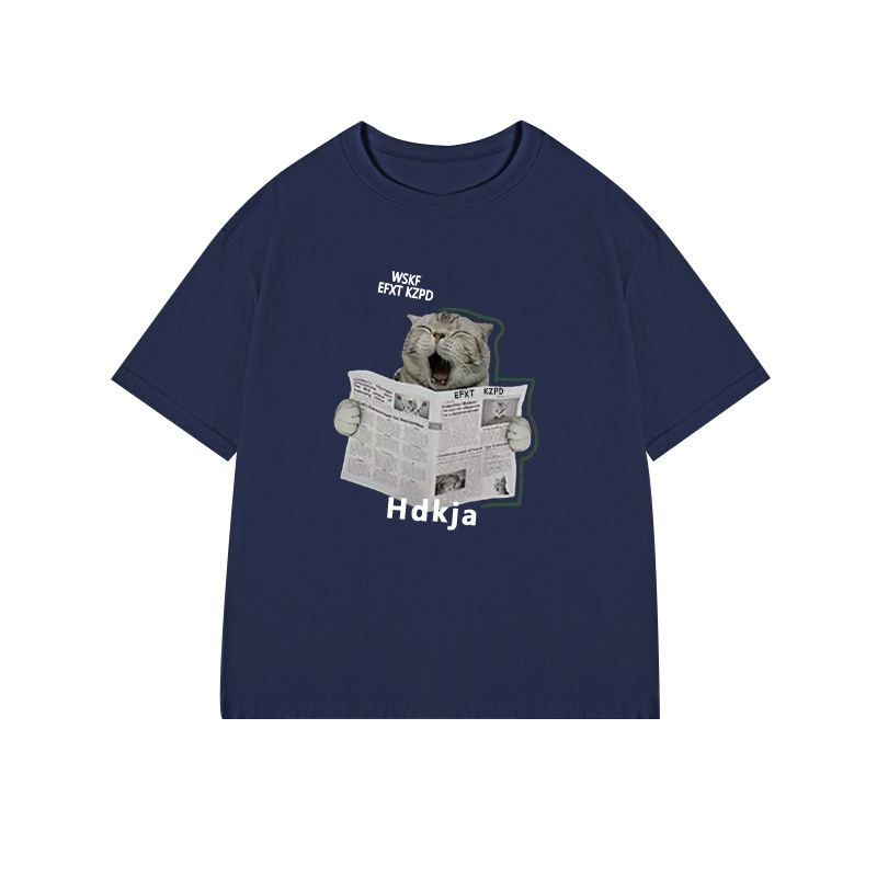 Női pamut rövid ujjú felső szöveges mintával, laza szabású, kerek nyakú