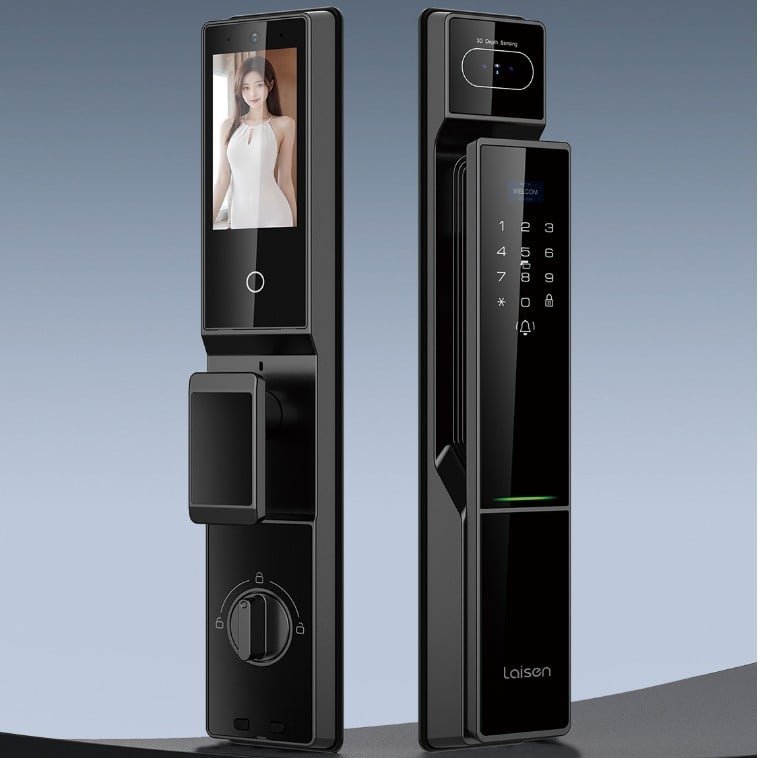 Încuietoare de ușă inteligentă cu recunoaștere facială și amprentă, impermeabilă, complet automată (Model P60, capacitate stocare amprente 50, timp scanare <50, rată acceptare falsă <50, alimentare DC)