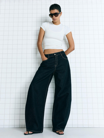 Női farmernadrág magas derekú, széles szárú, denim, pamut 50–70%, őszi 2025