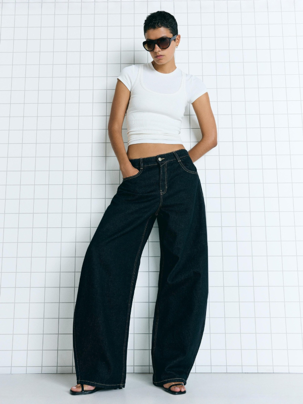 Női farmernadrág magas derekú, széles szárú, denim, pamut 50–70%, őszi 2025