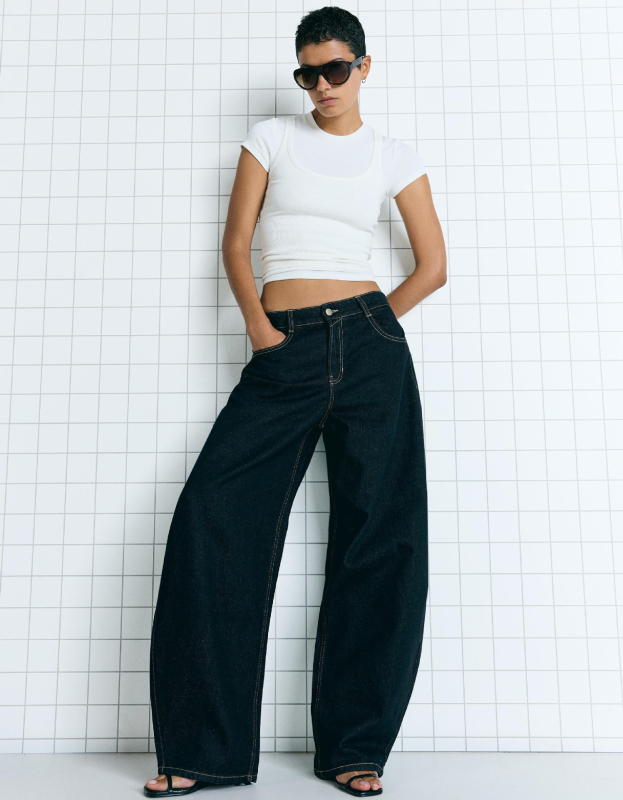 Női farmernadrág magas derekú, széles szárú, denim, pamut 50–70%, őszi 2025