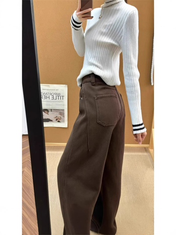 Дънкови панталони с висока талия, широки крачоли, подплата от флис за зима, плътни