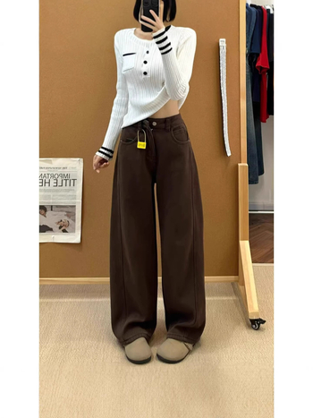 Дънкови панталони с висока талия, широки крачоли, подплата от флис за зима, плътни