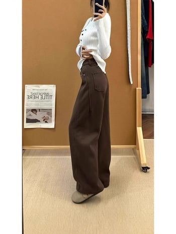 Дънкови панталони с висока талия, широки крачоли, подплата от флис за зима, плътни