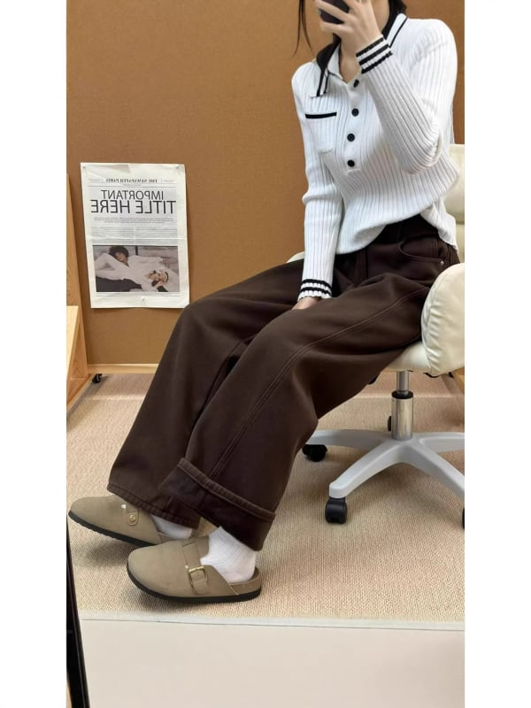 Дънкови панталони с висока талия, широки крачоли, подплата от флис за зима, плътни