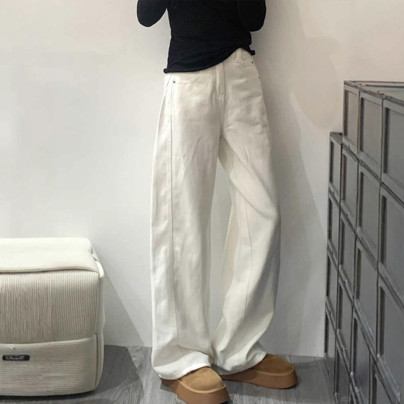 Дънкови панталони с висока талия, широки крачоли, подплата от флис за зима, плътни