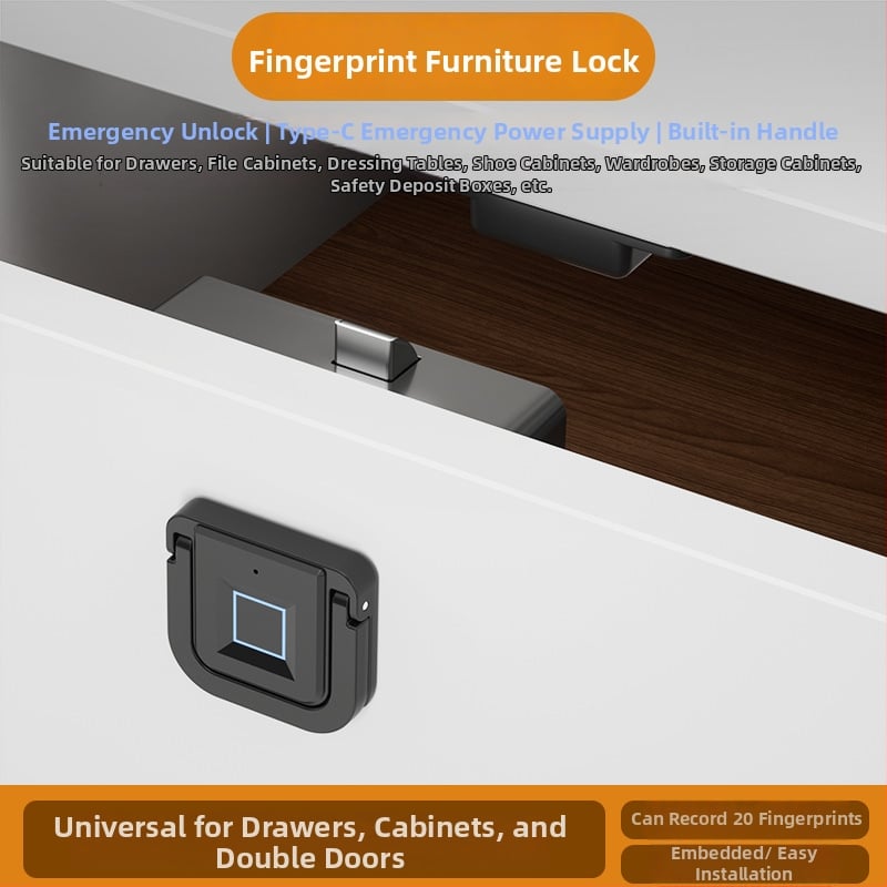 Încuietoare biometrică pentru mobilier cu amprentă — pentru sertare, dosare și dulapuri; stocare pentru 20 de amprente, scanare sub 0,5 s, peste 100000 cicluri