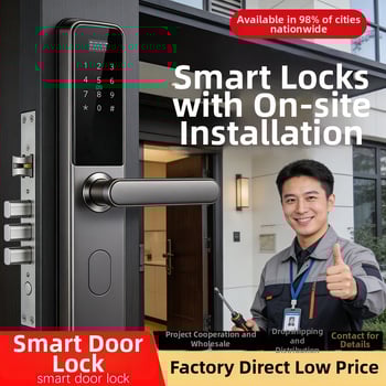 Lacăt inteligent cu serviciu de instalare — recunoaștere prin amprentă, parolă, card, palmă și recunoaștere facială; 100 de amprente stocate; până la 100.000 de deblocări; scanare în 0,5 s; rezistent la apă; alimentare DC; pentru ușa de intrare.