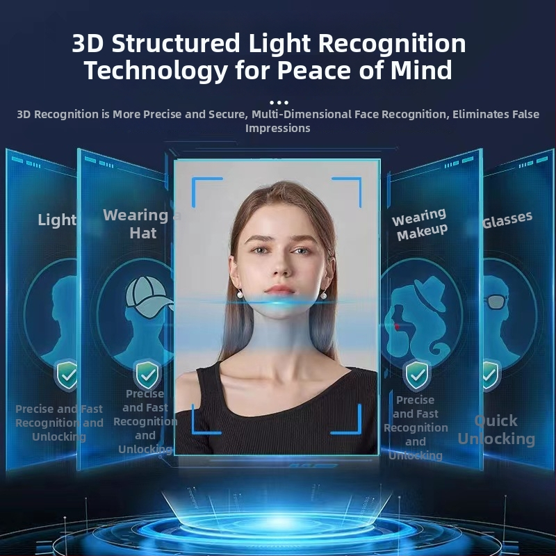 Încuietoare inteligentă pentru ușă cu recunoaștere facială și amprentă, parolă vizuală, alimentare DC, 200 amprente stocate, peste 100000 de deblocări, scanare 0,01 s, recunoaștere falsă sub 0,1%, respingere sub 0,1%