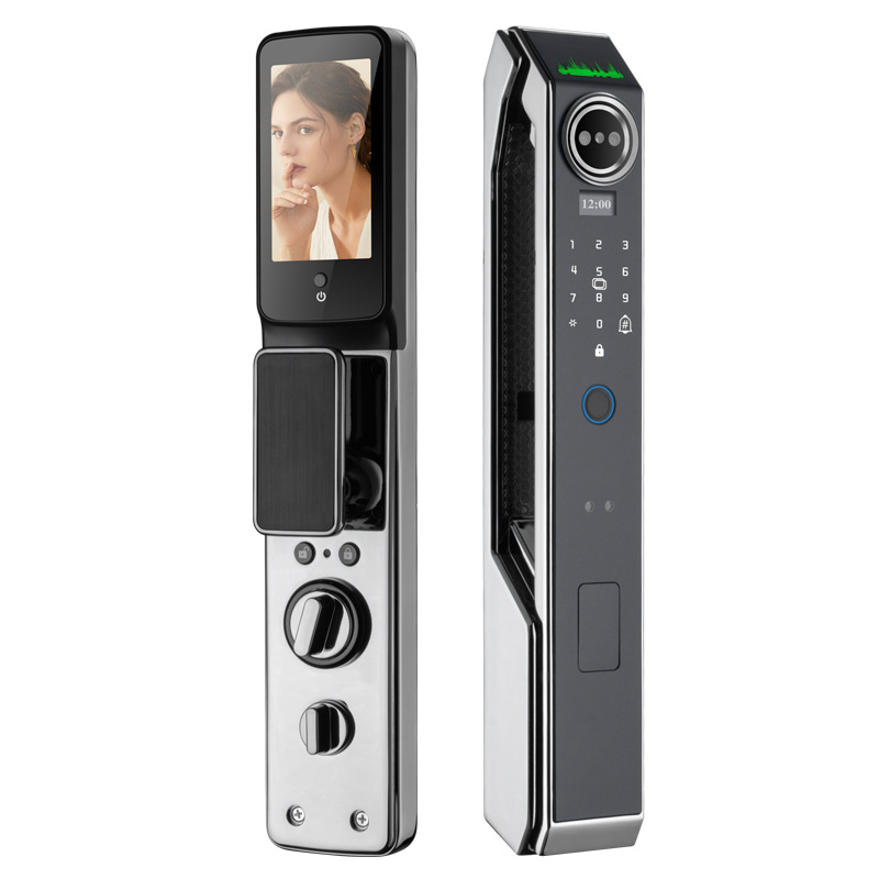 Încuietoare inteligentă pentru ușă cu recunoaștere facială și amprentă, parolă vizuală, alimentare DC, 200 amprente stocate, peste 100000 de deblocări, scanare 0,01 s, recunoaștere falsă sub 0,1%, respingere sub 0,1%