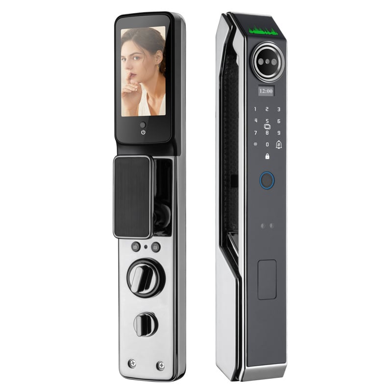 Încuietoare inteligentă pentru ușă cu recunoaștere facială și amprentă, parolă vizuală, alimentare DC, 200 amprente stocate, peste 100000 de deblocări, scanare 0,01 s, recunoaștere falsă sub 0,1%, respingere sub 0,1%