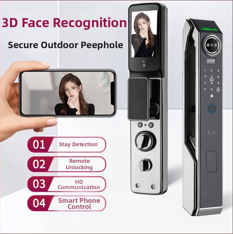 Încuietoare inteligentă pentru ușă cu recunoaștere facială și amprentă, parolă vizuală, alimentare DC, 200 amprente stocate, peste 100000 de deblocări, scanare 0,01 s, recunoaștere falsă sub 0,1%, respingere sub 0,1%