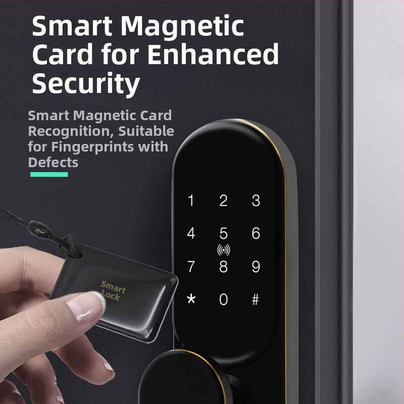 Încuietoare inteligentă pentru ușă cu amprentă, parolă, card și cheie; pentru uși din lemn, metalice și anti-furt; alimentare DC; design modern minimalist