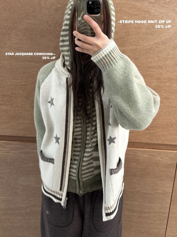 Pleten kardigan sa zvjezdanim vezom, patchwork detalji, okrugli ovratnik, rajfeslajz, raglan rukavi