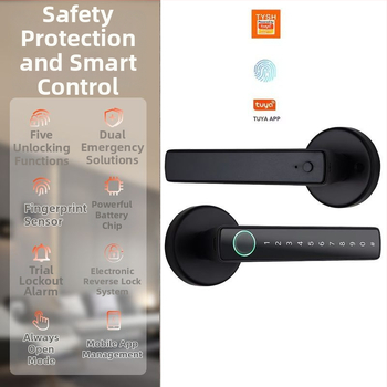 Încuietoare inteligentă pentru uși D1 — până la 50 amprente, scanare <0,25 s, >3.000.000 de deblocări, alimentare DC, temperatură de funcționare -20 la 60°C, umiditate 10–90%