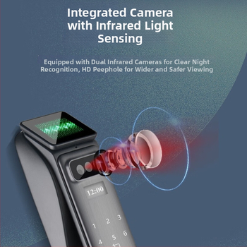 Încuietoare inteligentă pentru ușă cu amprentă, recunoaștere facială 3D și vizor - 50 de amprente stocate, scanare <0.1 s, verificare 1:N, deblocare cu parolă de la distanță