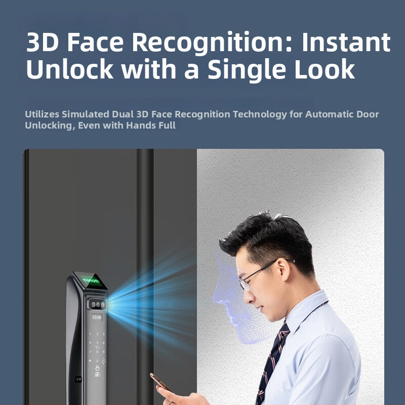 Încuietoare inteligentă pentru ușă cu amprentă, recunoaștere facială 3D și vizor - 50 de amprente stocate, scanare <0.1 s, verificare 1:N, deblocare cu parolă de la distanță