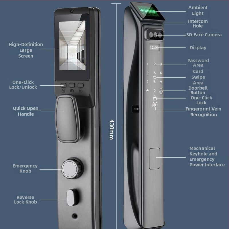 Încuietoare inteligentă pentru ușă cu amprentă, recunoaștere facială 3D și vizor - 50 de amprente stocate, scanare <0.1 s, verificare 1:N, deblocare cu parolă de la distanță